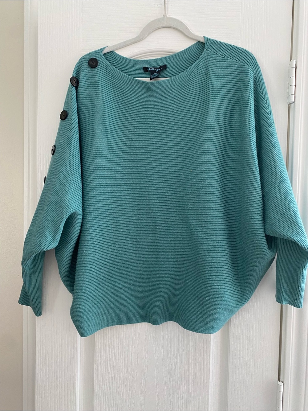 Faith & Zoe Teal Button-Shoulder Crew Neck Sweater